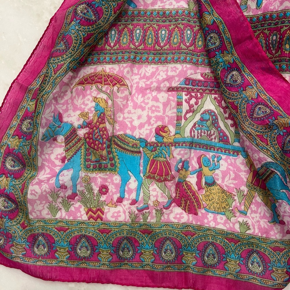 Vintage Silk Scarf Elephants Horses Paisley Pink Made India 18” X 68” Rectangle - Picture 4 of 16